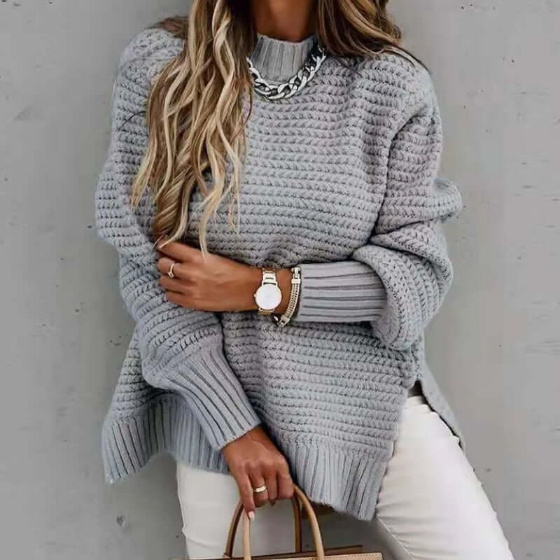 Soft knitted mock neck jumper for women, a cozy and comfortable long sleeve top for cool weather.