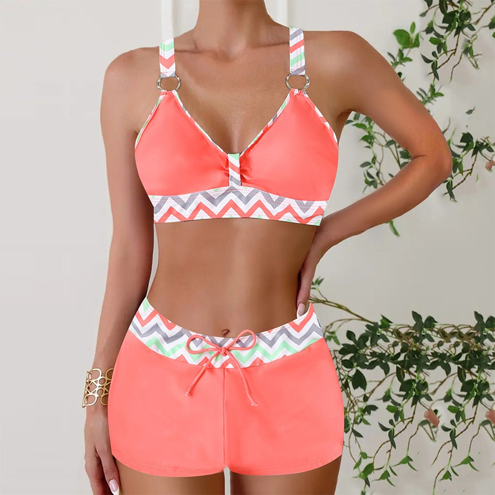 Stylish women's active swimwear, a nautical two-piece set perfect for poolside.
