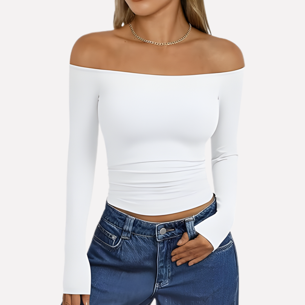 Trendy women's off-shoulder long sleeve top, essential for a modern, stylish, and comfortable ensemble.
