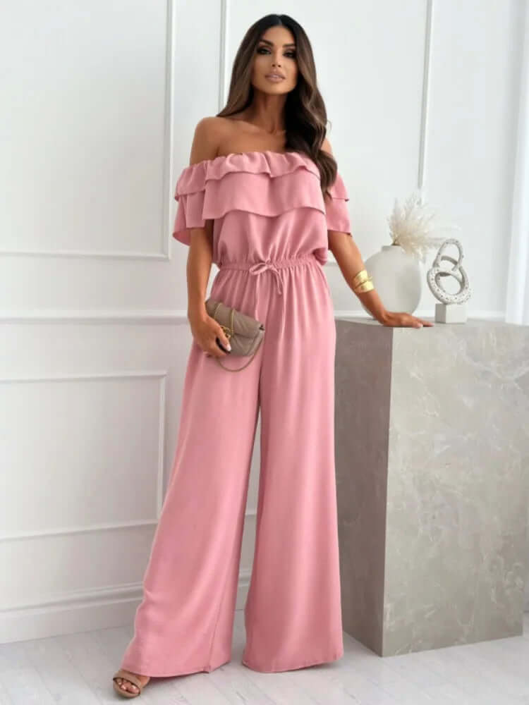 Women's off-the-shoulder wide-leg jumpsuit, elegant & stylish for summer parties or casual wear.