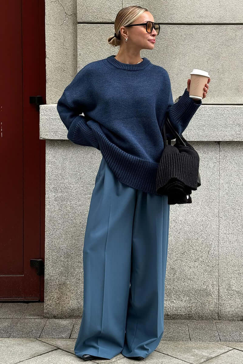 Autumn fashion: Women's oversized charcoal knit jumper, relaxed fit.