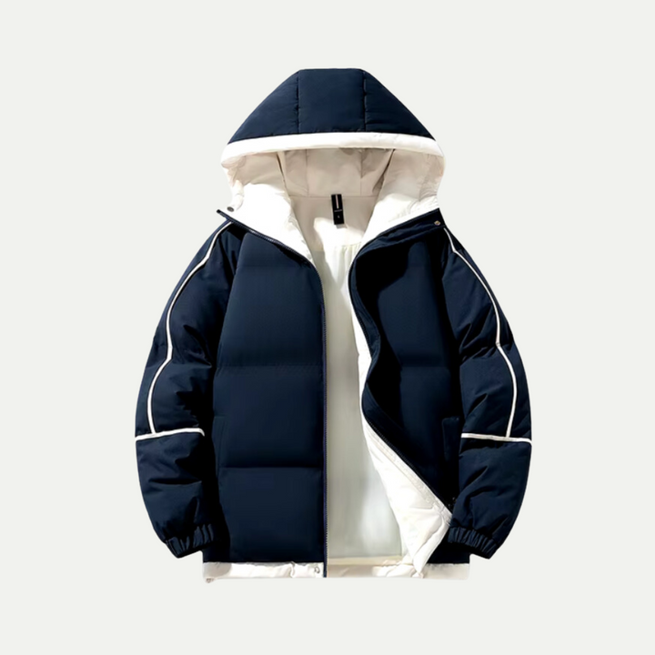 Warm oversized women's puffer jacket with hood, ideal for cold winter weather & cozy style.