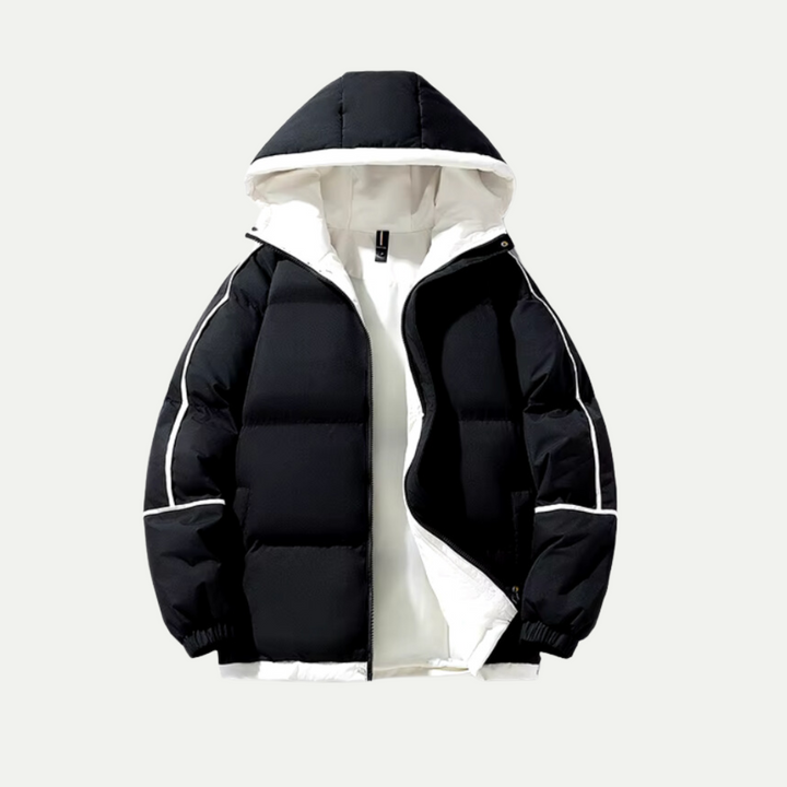 Cozy women's oversized hooded puffer coat, designed for modern winter warmth & comfort.
