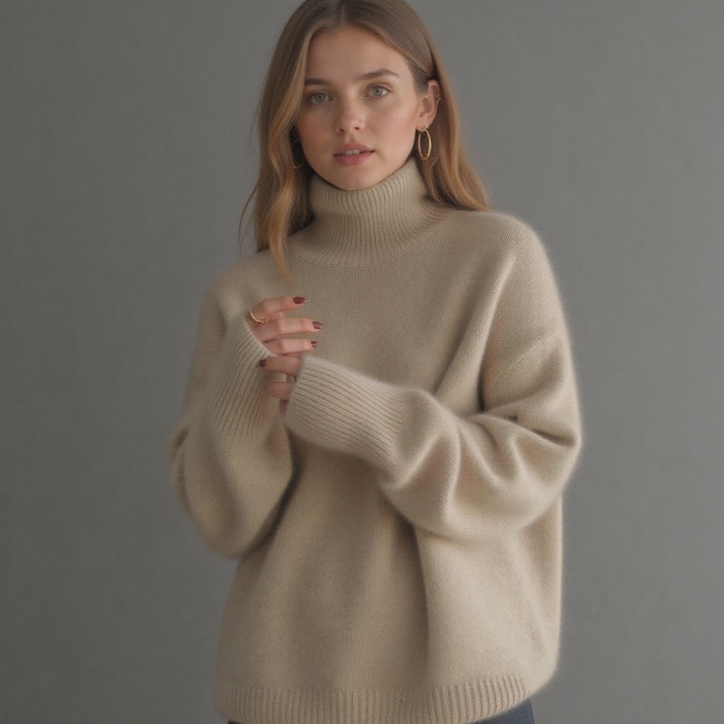 Women's oversized turtleneck sweater, a cozy & chic warm knit top for elegant winter fashion.