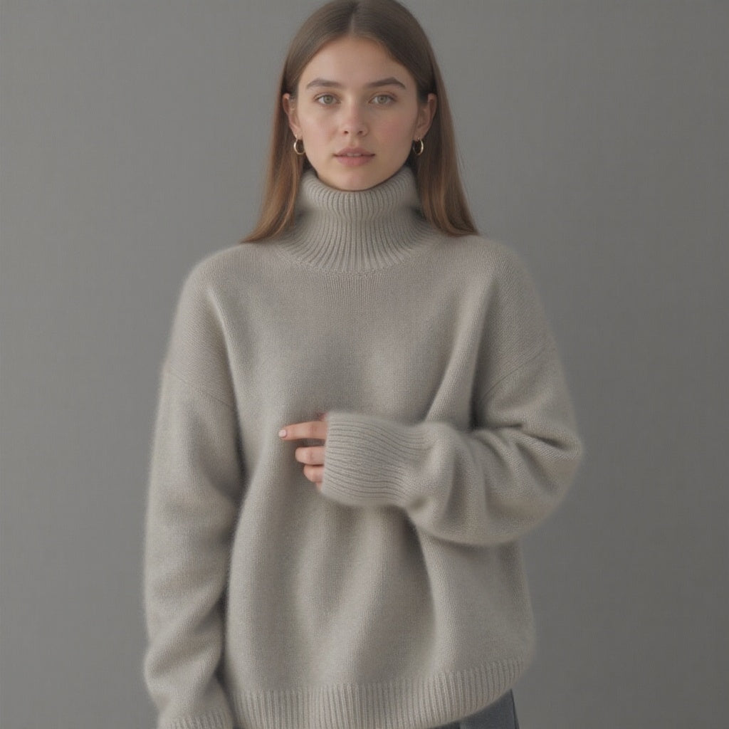 Stylish women's oversized turtleneck sweater, an elegant top perfect for cozy winter fashion.