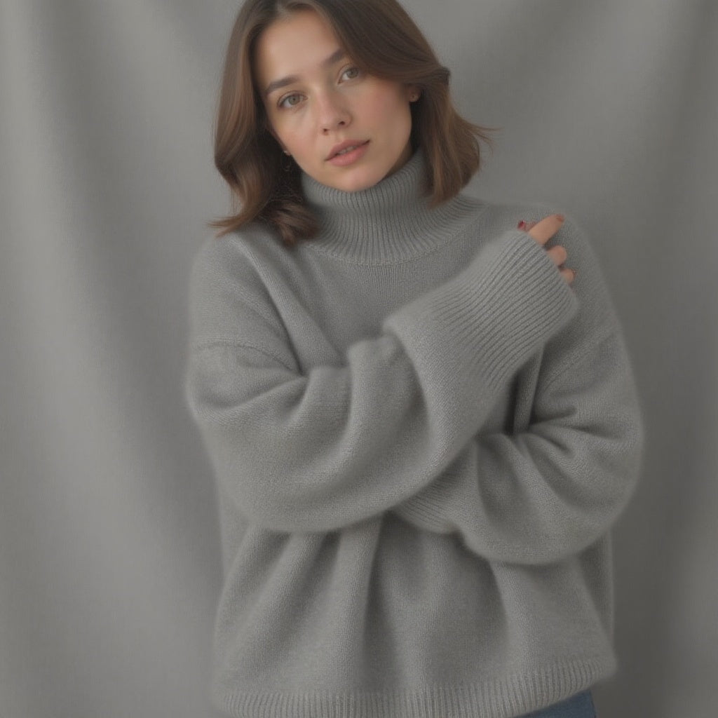 Elegant women's oversized turtleneck sweater, a stylish knit for chic winter fashion comfort.