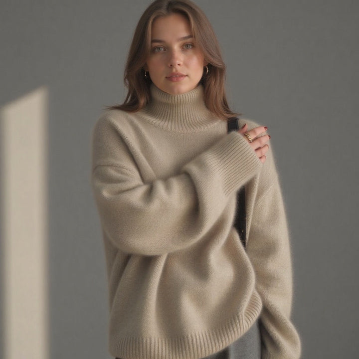 Stylish and warm women's oversized turtleneck sweater, essential for chic winter fashion.
