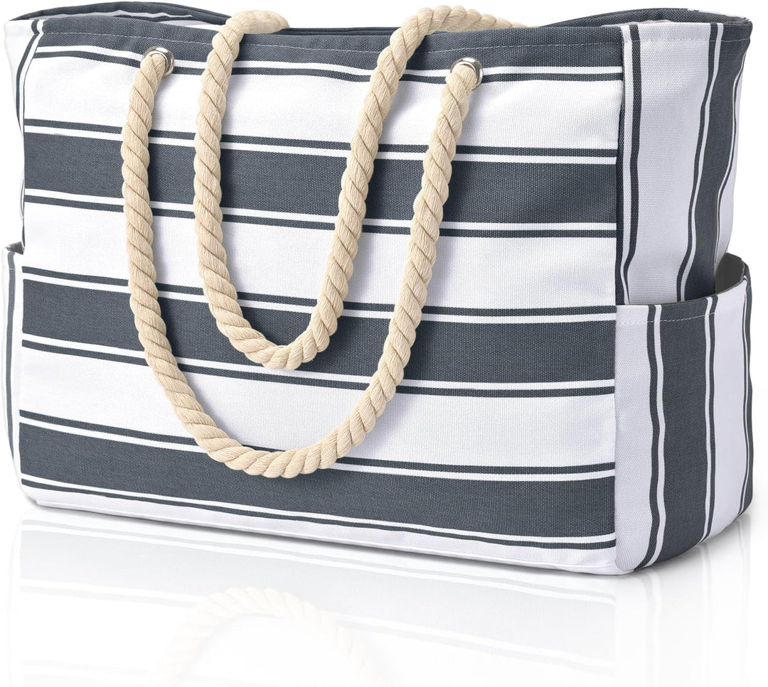 Durable women's oversized beach tote, waterproof, sandproof, polyester material.