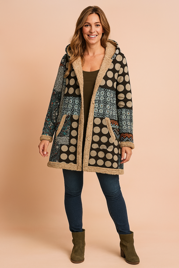 Warm & colorful women's patchwork long coat with hood, offering unique boho winter fashion & outerwear.