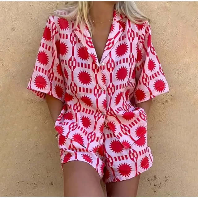 Relaxed fit women's geometric print co-ord set. Pink two-piece shorts set, perfect for trendy summer casual wear.