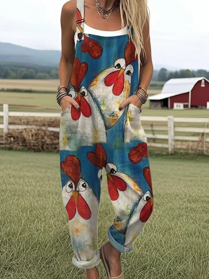 Women's playful patterned dungaree jumpsuit; cute, comfortable, and trendy for casual summer wear. Relaxed fit.