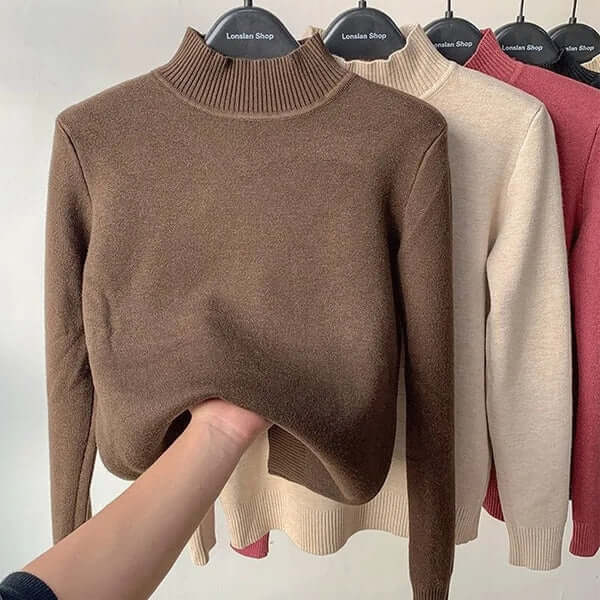 Luxurious soft plush lined women's knitted sweater, ultimate cozy winter fashion.