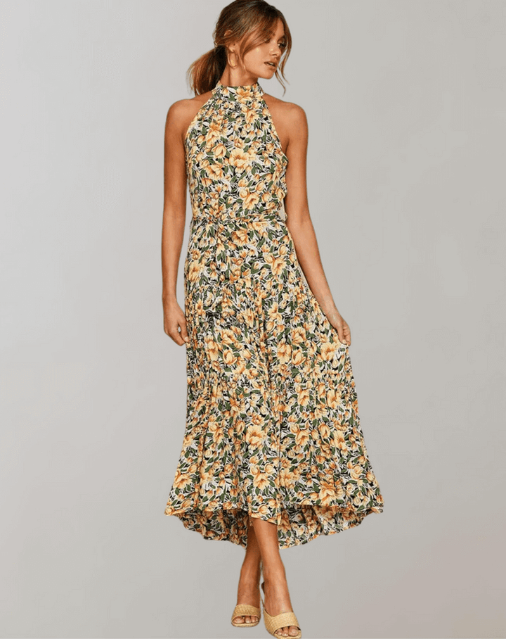 Elegant women's polka dot halter maxi dress, perfect for beachwear & casual summer fashion.