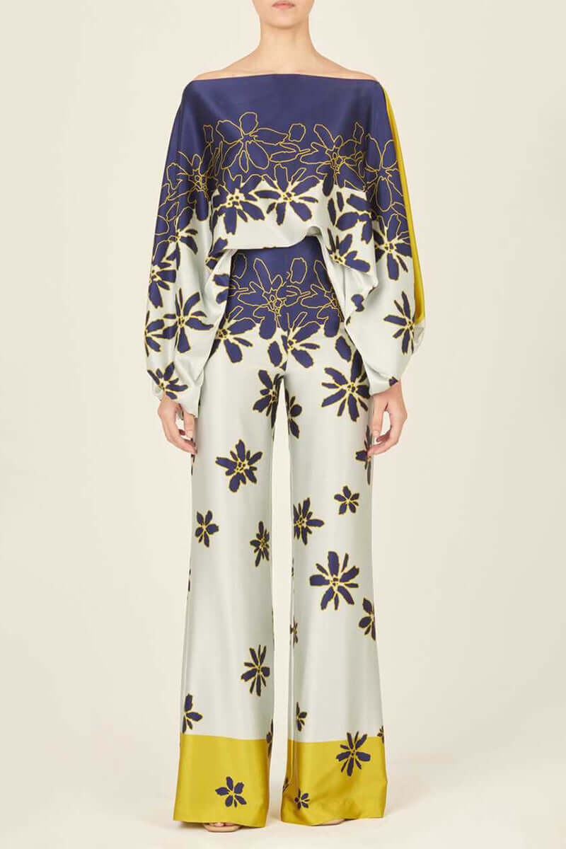 Women's printed off-shoulder long sleeve top & high-waist skirt combo.
