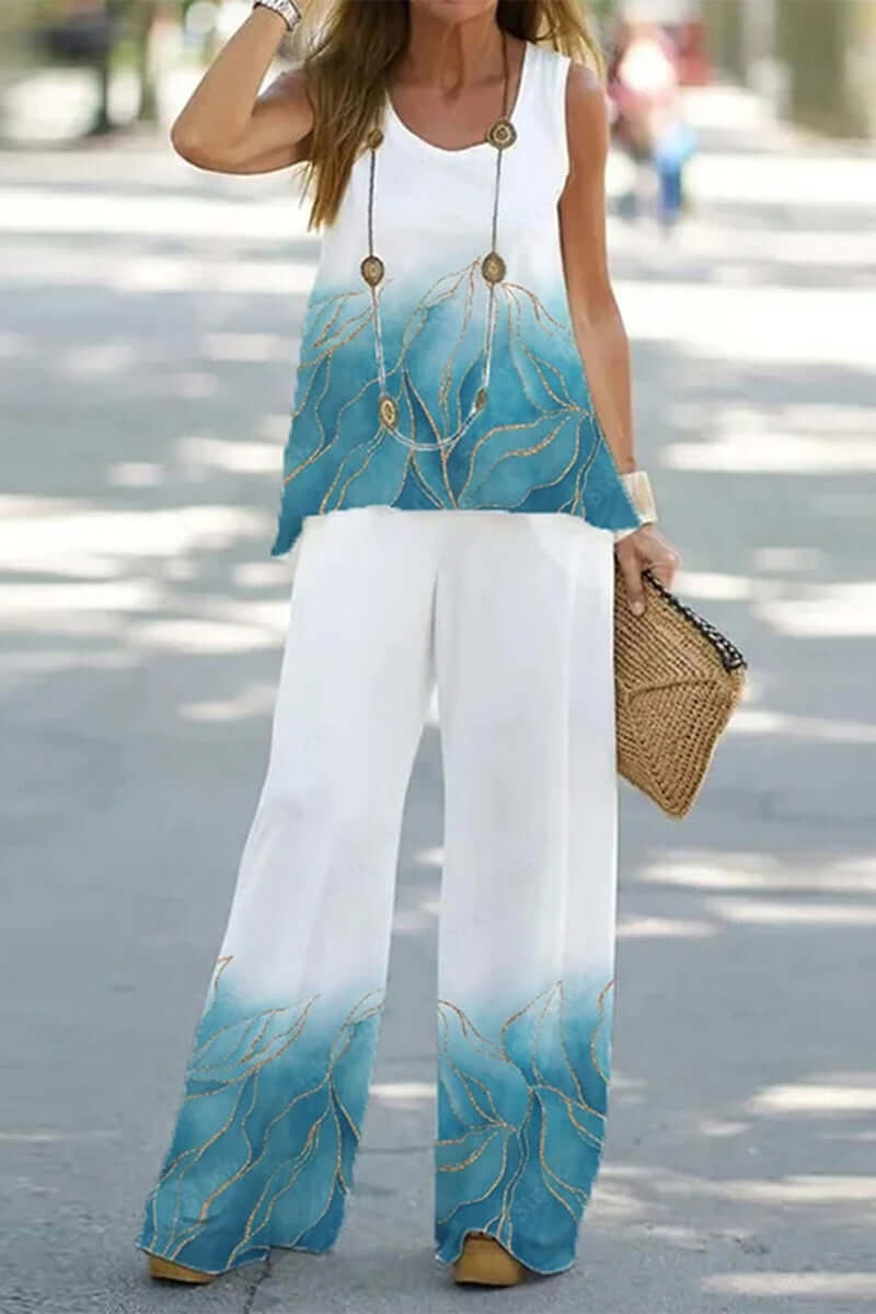 Woman wearing a loose-fit printed patchwork two-piece set, perfect for stylish, relaxed spring & summer fashion.
