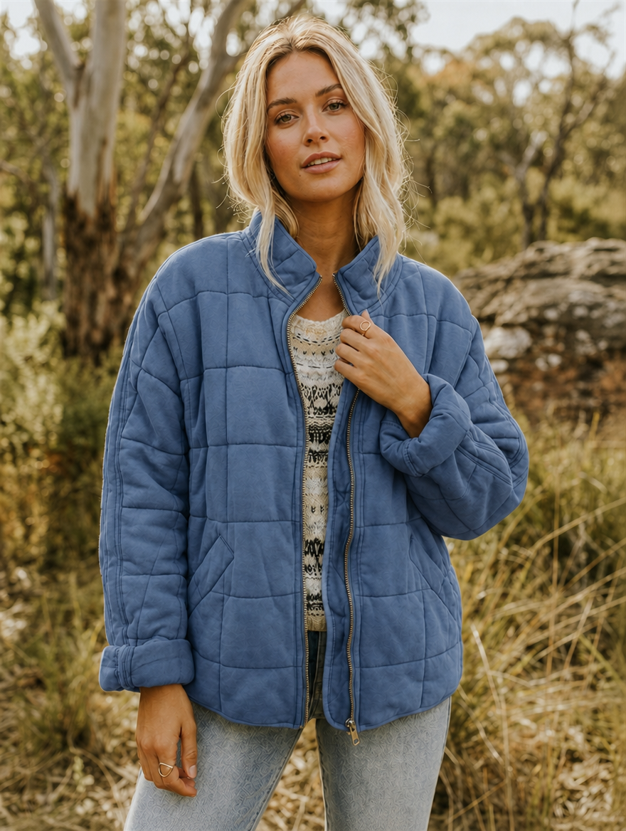 Back view of a women's casual quilted jacket, designed for a comfortable fit & stylish outerwear.