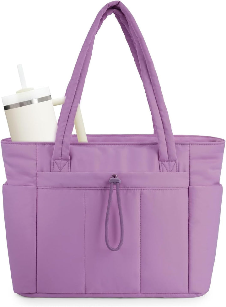 All-in-one Women's Quilted Tote for travel, work, laptop & cup holder.
