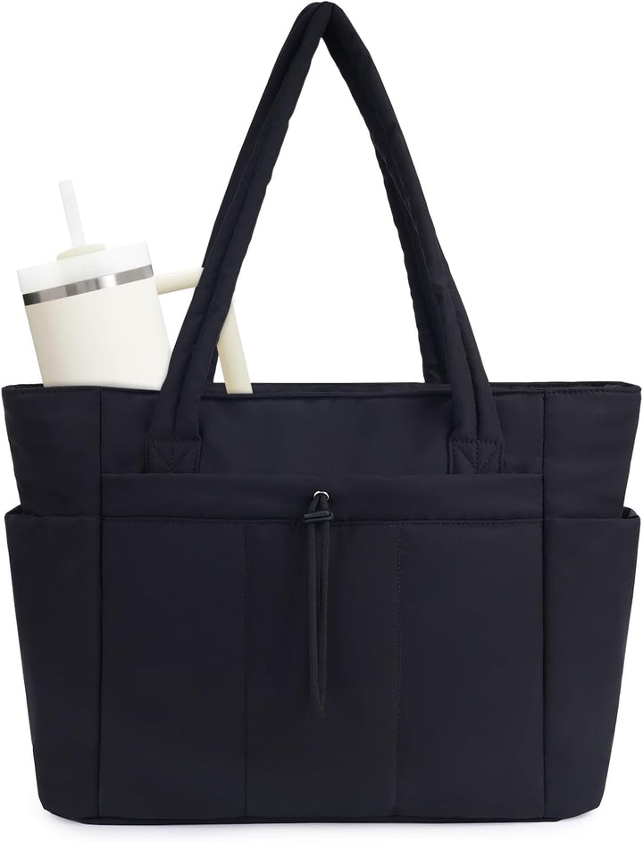 Multi-purpose women's tote, quilted puffer, laptop, cup holder & gym bag.