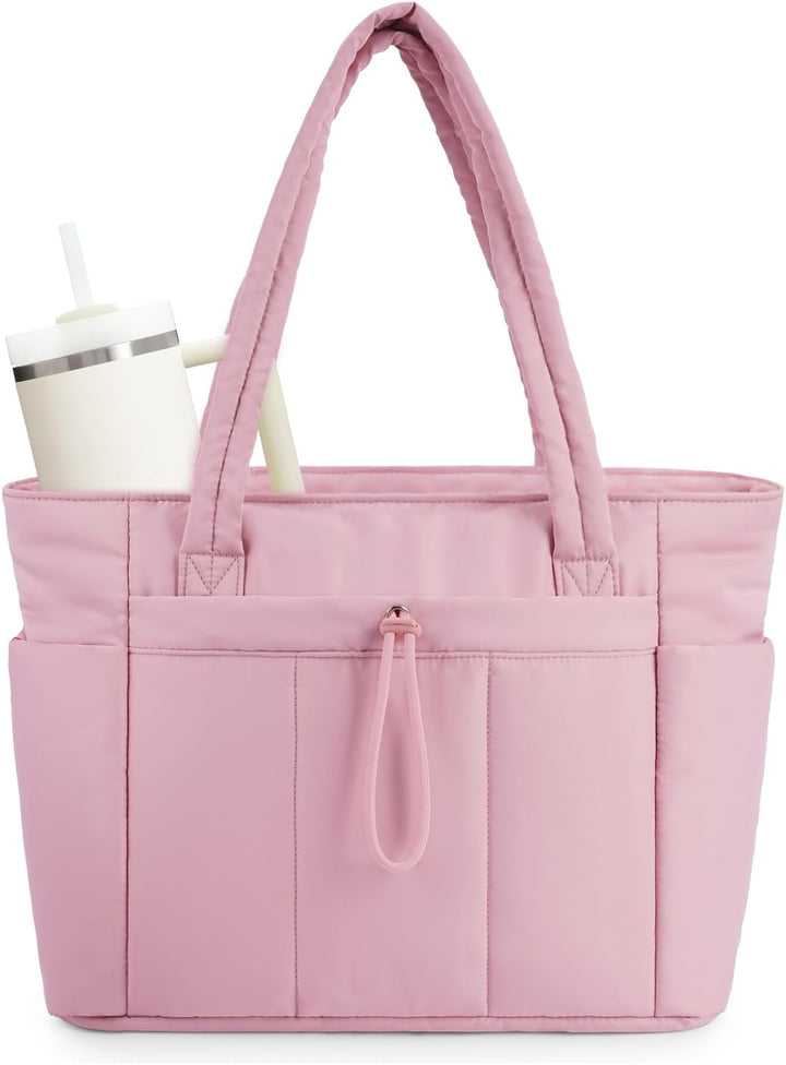 Women's Laptop Puffer Tote with cup holder, ideal for travel.