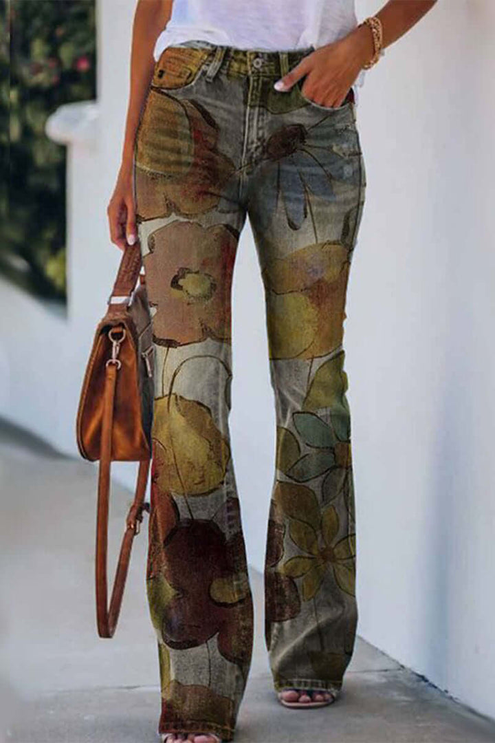 Front view of women's regular fit denim jeans, featuring exquisite floral embroidery.