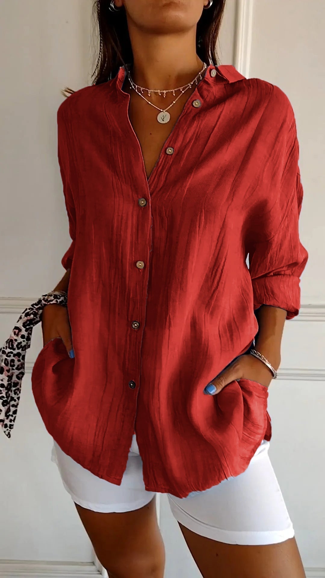 Smart casual women's relaxed fit button-up shirt, long sleeve, a comfortable and chic everyday top.