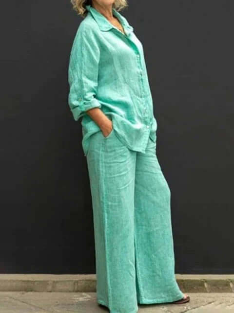 Women's relaxed fit linen blend shirt and wide-leg trousers set. Comfortable, breathable two-piece outfit.