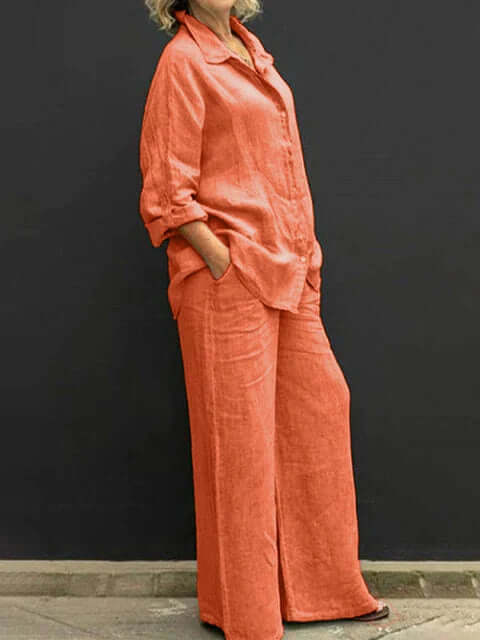 Women's linen blend relaxed fit shirt & wide-leg trousers two-piece set. Breathable and comfortable fashion.