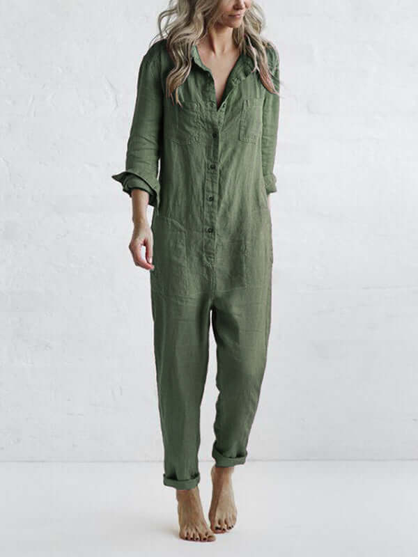 Breathable linen relaxed fit jumpsuit for women, with long sleeves and straight leg. Comfortable casual summer outfit.