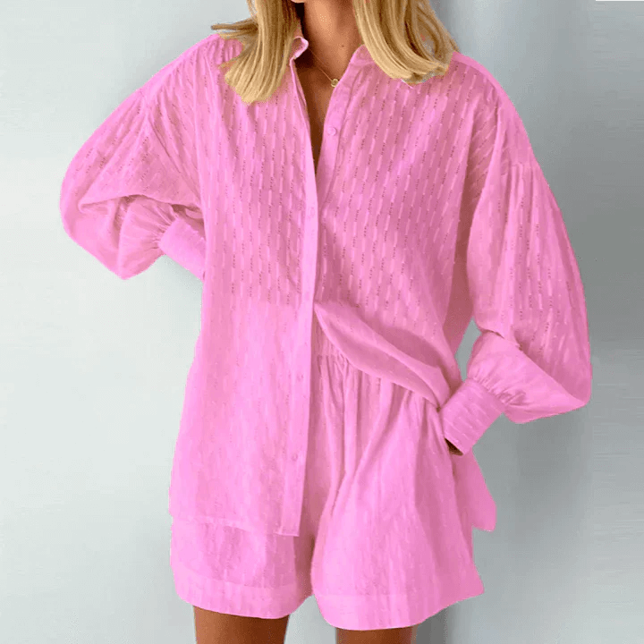 Lightweight women's shirt and shorts set, perfect for beachwear or a vacation two-piece ensemble.