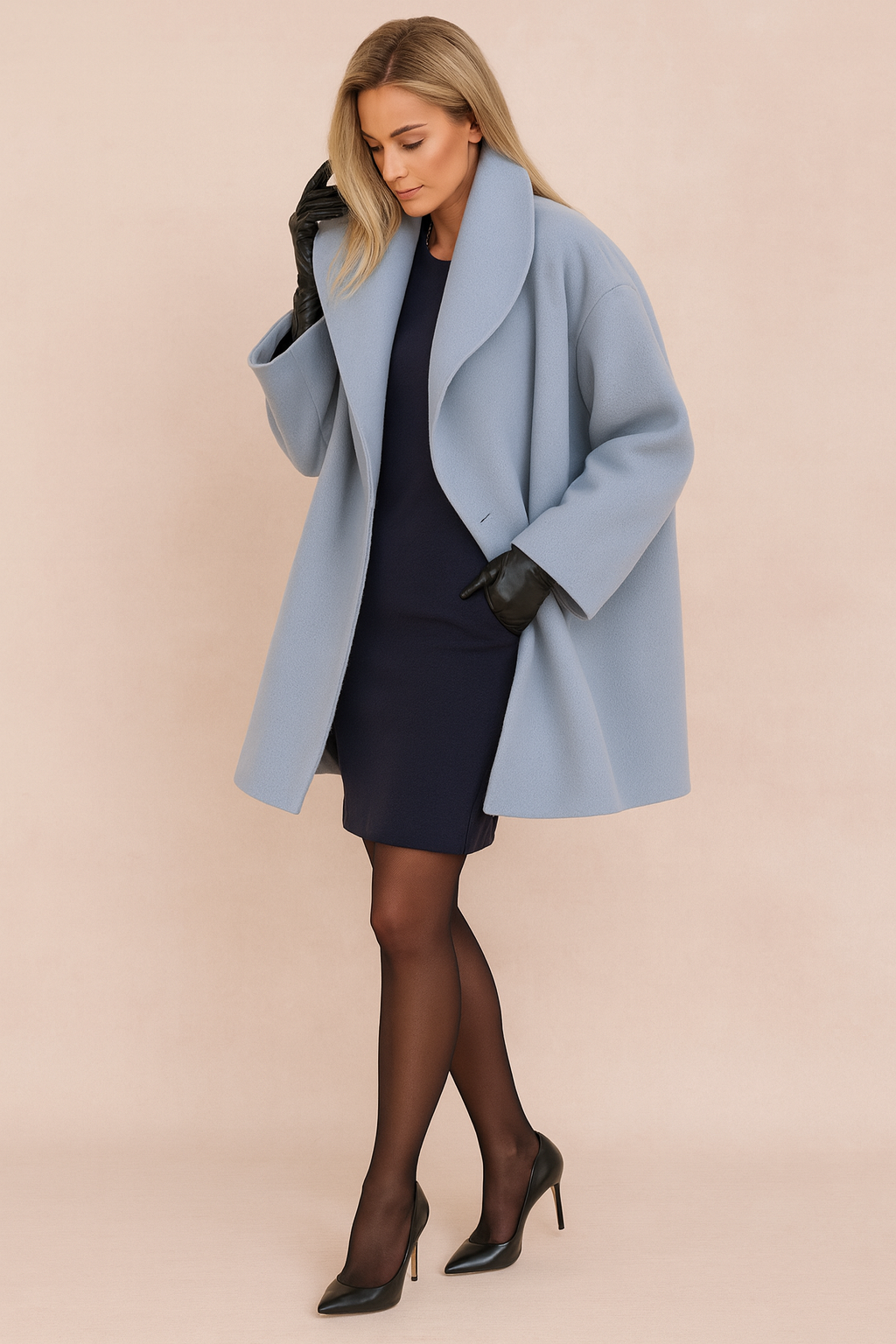 Women's modern relaxed fit open-front winter jacket, an oversized city jacket for elegant everyday wear.