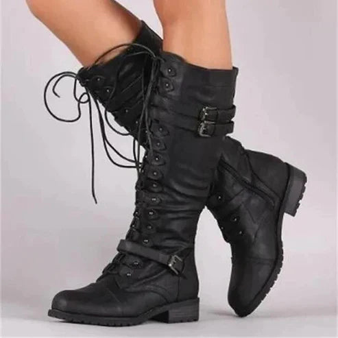 Women's retro lace-up knee-high boots in a vintage style, perfect for fall fashion.
