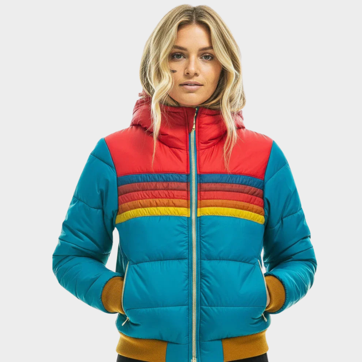 Striped women's retro puffer jacket with a hood, perfect for cozy winter outerwear and casual style.