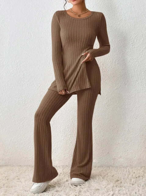 Effortless style women's matching ribbed knit outfit, ideal for fall and winter fashion.