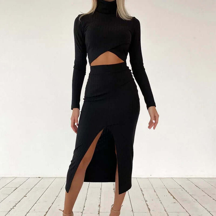 Complete women's ribbed knit matching set: a fashionable crop top and elegant midi skirt co-ord.