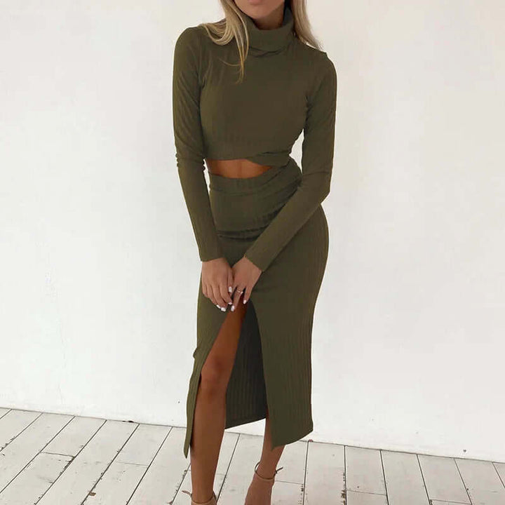Soft ribbed knit two-piece set for women, including a fashionable crop top & midi skirt.