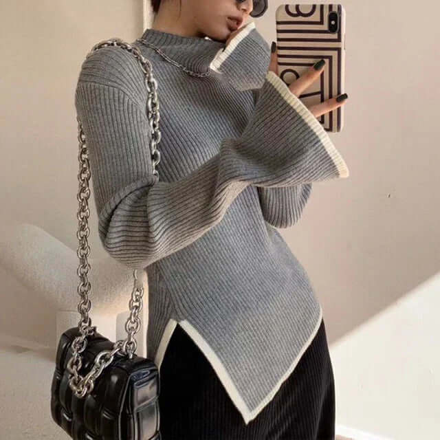 Cozy women's ribbed knit turtleneck sweater featuring trendy flared sleeves and comfortable fall winter wear.