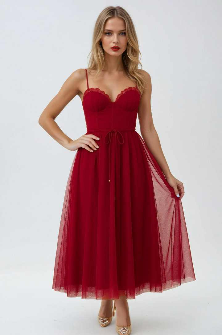Women's romantic corset midi gown, elegant evening wear. Perfect formal dress for special occasions & parties.