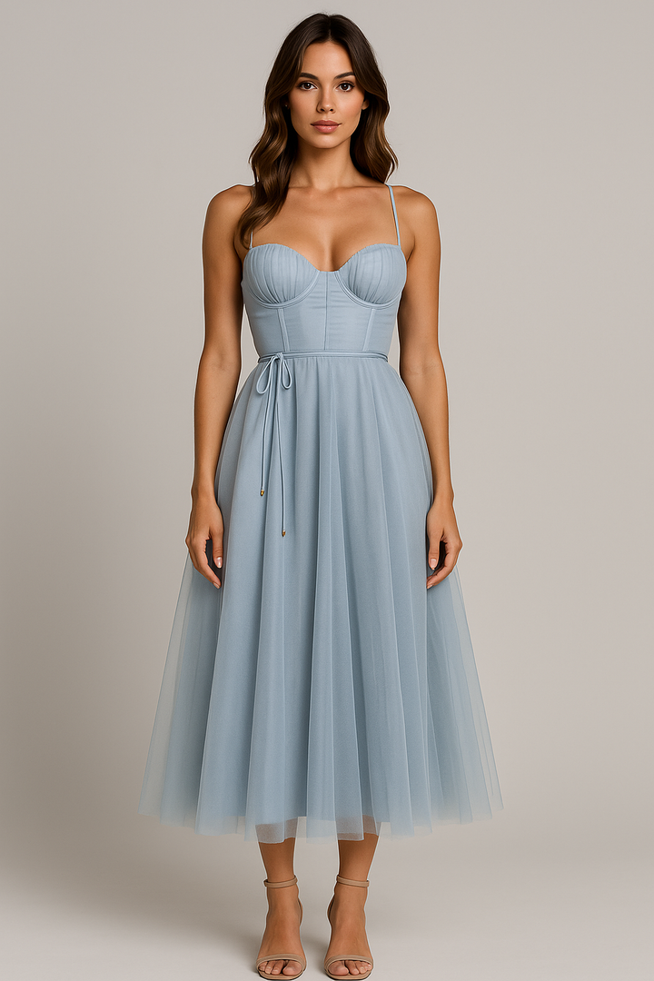 Flattering spaghetti strap midi gown for women. Romantic style corset dress, ideal for elegant evening events.