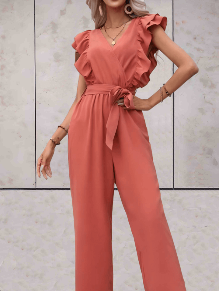 Women's V-neck ruffle sleeve jumpsuit, a fashionable and versatile choice for modern wardrobes.
