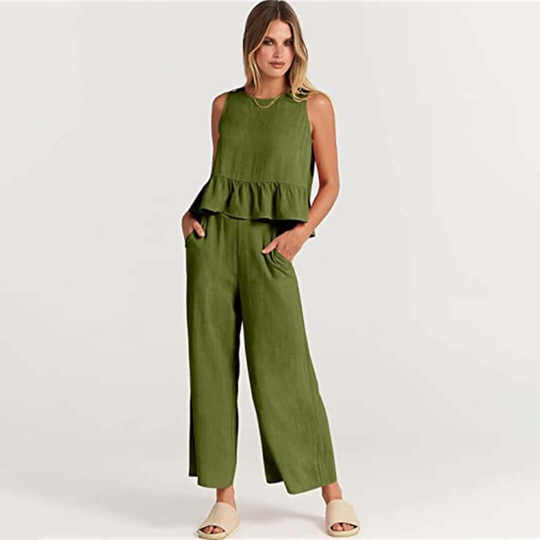 Comfortable women's sleeveless ruffled top, part of a wide-leg pants set for summer.
