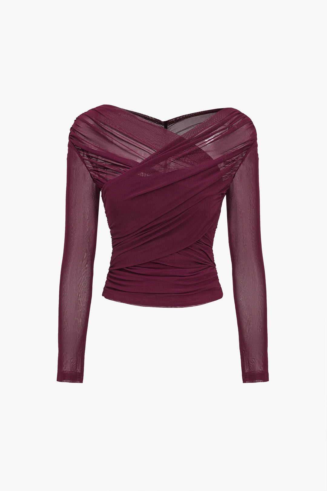 Flattering women's sheer mesh ruched long-sleeve top, a stylish and comfortable party blouse.