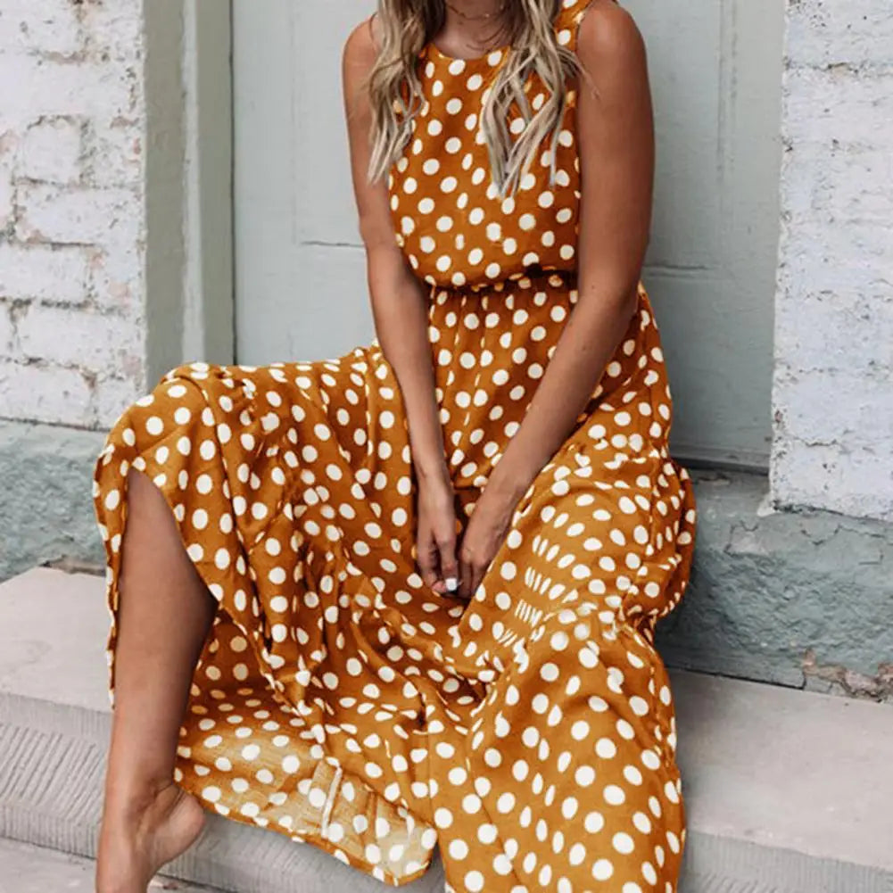Women's sleeveless polka dot maxi dress, ideal for summer fashion and casual elegance.