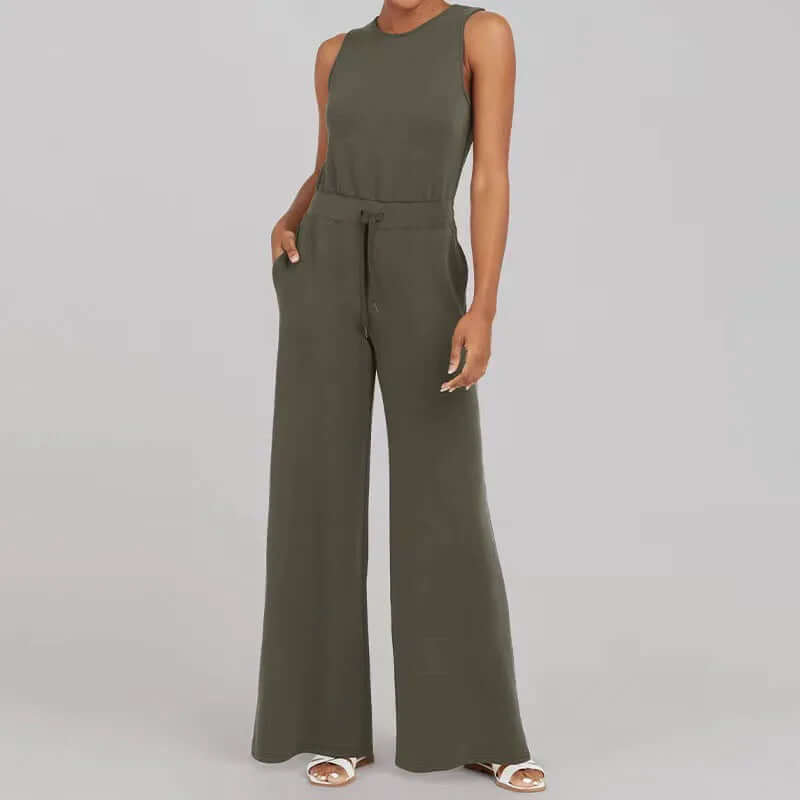Women's round neck sleeveless wide-leg jumpsuit. Comfortable and elegant one-piece for versatile summer wear.