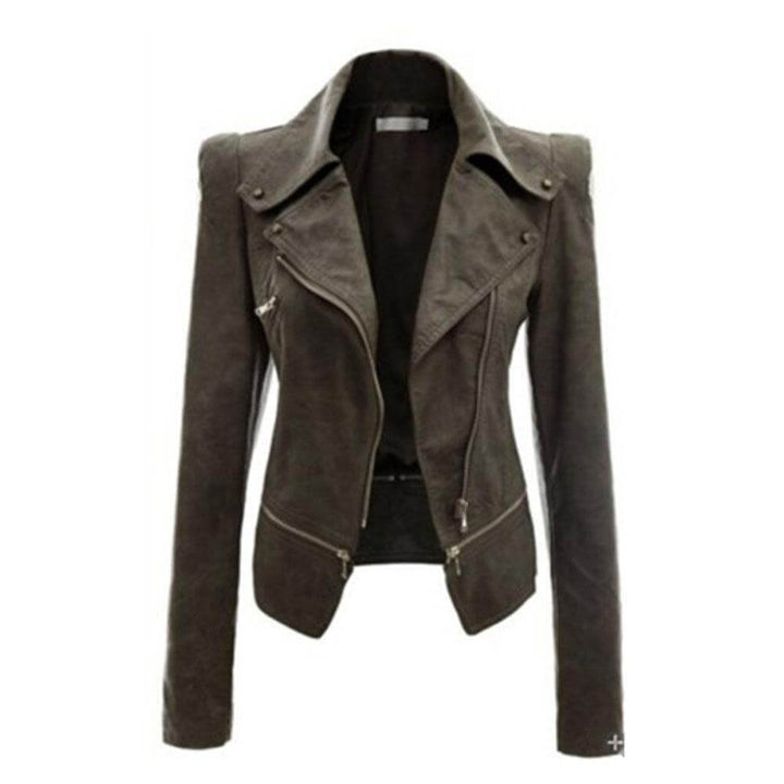 Stylish women's PU leather fashion jacket with a zip-up front, ideal for a chic, slim-fit look.