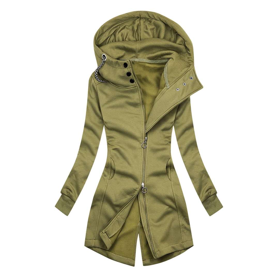 Women's slim fit hoodie jacket with a cozy turtleneck collar, perfect for fall and winter athleisure fashion.