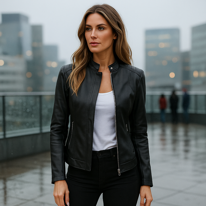 Women's slim fit jacket with elegant Mao collar, perfect for spring/autumn fashion. Zip-up, hip-length design.