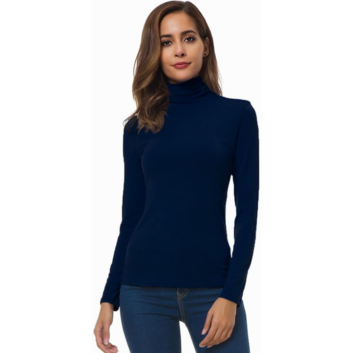 Close-up of a women's slim fit turtleneck sweater, showcasing its soft texture and elegant design.