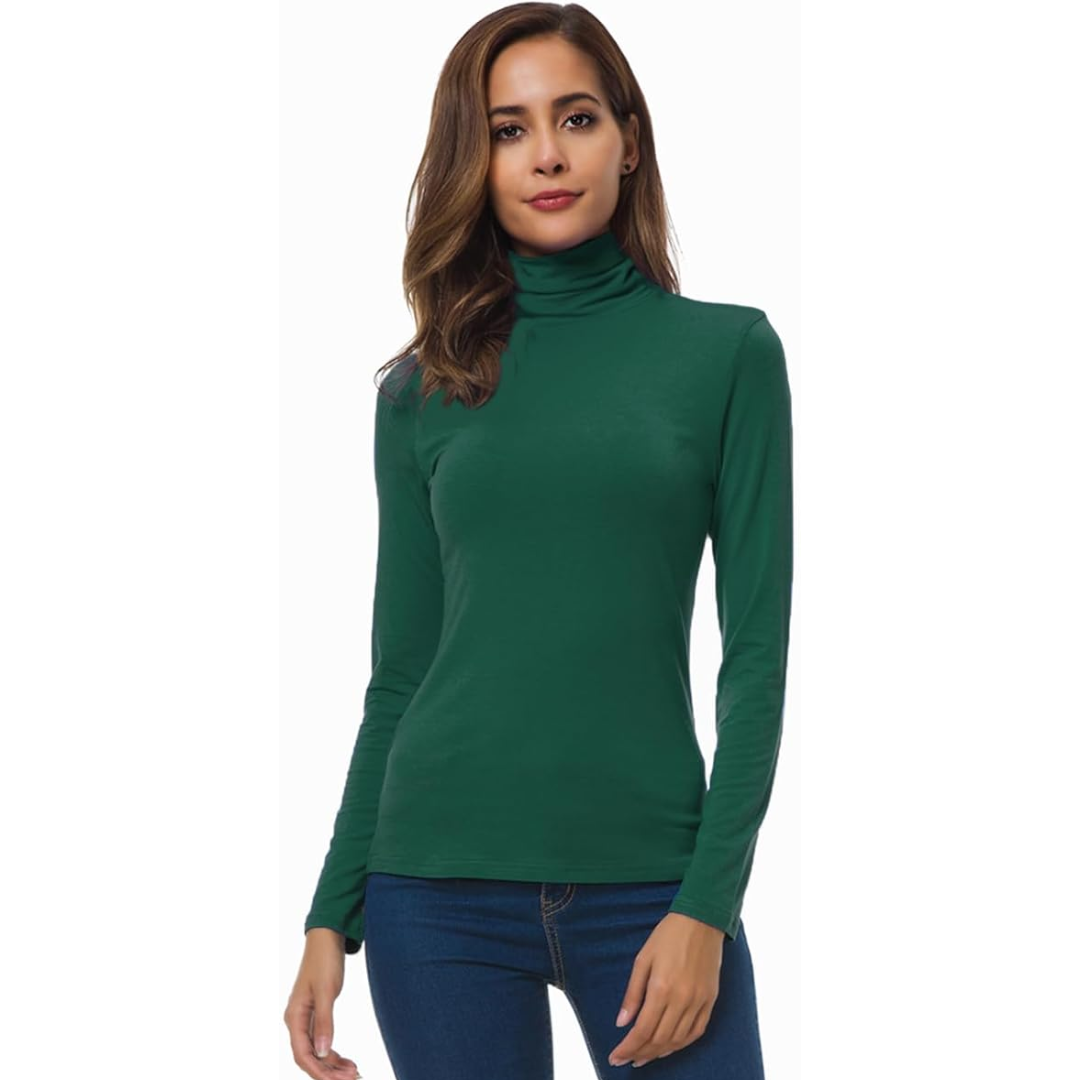 Model wearing a women's slim fit turtleneck sweater, ideal for stylish layering and everyday wear.