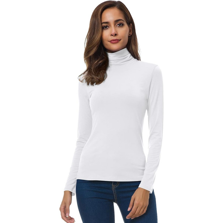 Stylish women's turtleneck top with a slim fit, an essential long sleeve for fall and winter fashion.