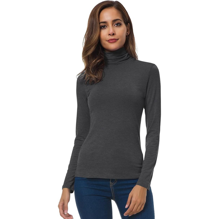 Front view of a women's slim fit turtleneck sweater, a versatile and chic long sleeve top.